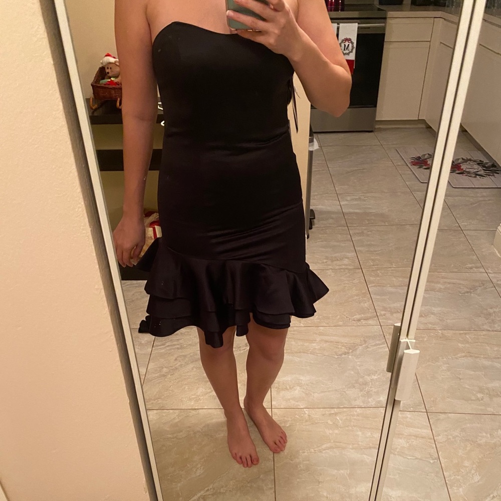 Black satin strapless dress ruffle bottom